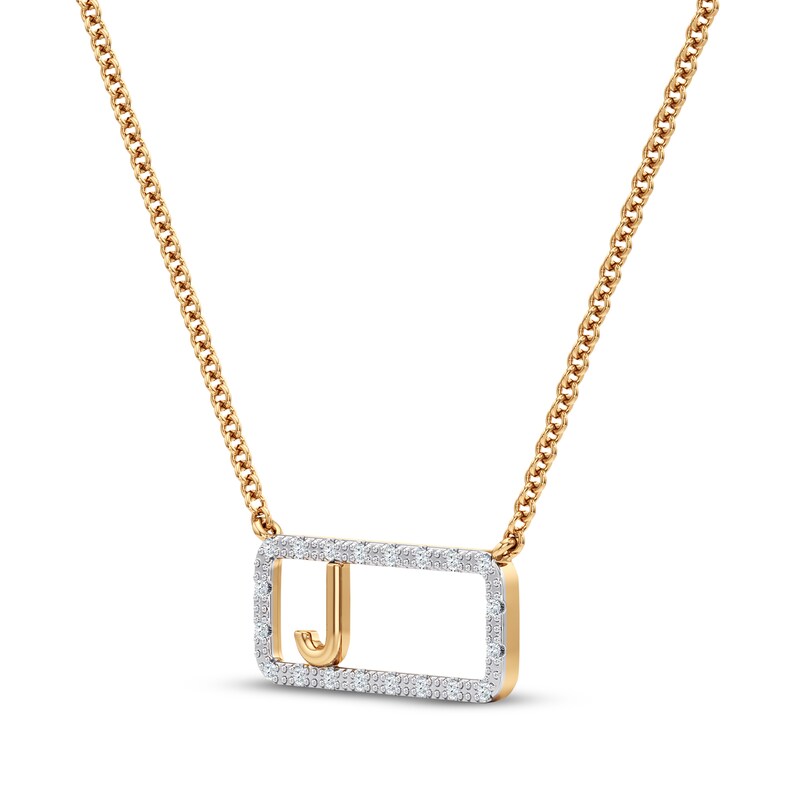 Main Image 2 of Diamond J Initial Rectangle Necklace 1/10 ct tw 10K Yellow Gold 18"