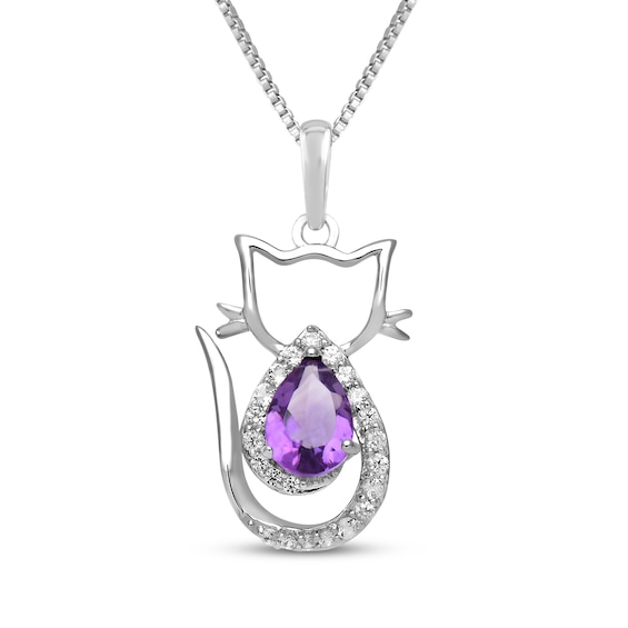 Pear-Shaped Amethyst & White Lab-Created Sapphire Cat Necklace Sterling Silver 18"