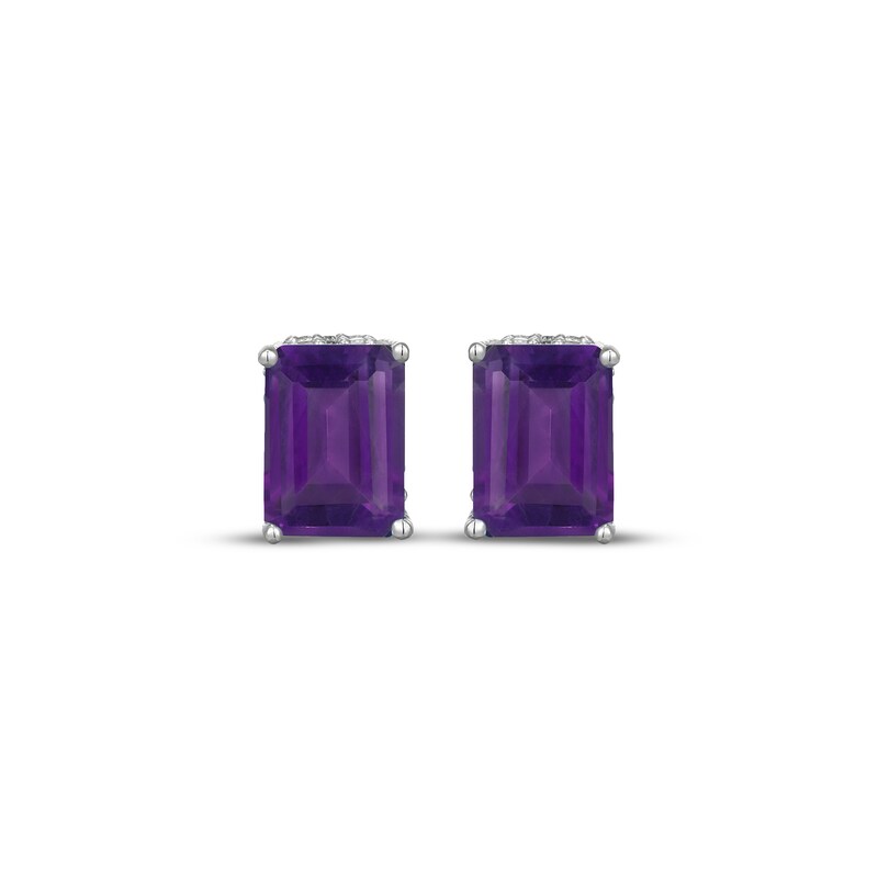 Main Image 2 of Emerald-Cut Amethyst & White Lab-Created Sapphire Hidden Halo Stud Earrings Sterling Silver