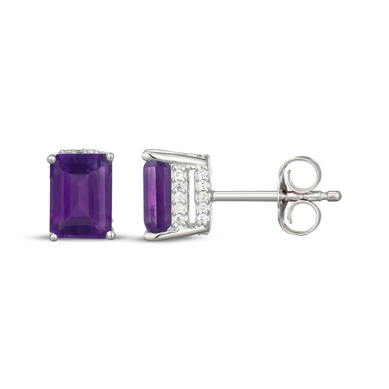 Main Image 3 of Emerald-Cut Amethyst & White Lab-Created Sapphire Hidden Halo Stud Earrings Sterling Silver