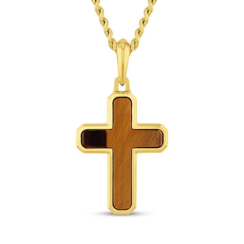 Main Image 1 of Tiger's Eye Quartz Cross Necklace Yellow Ion-Plated Stainless Steel 24"