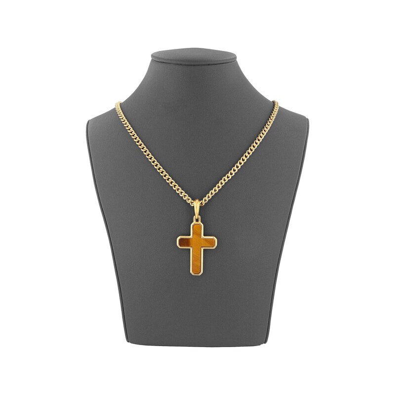 Main Image 4 of Tiger's Eye Quartz Cross Necklace Yellow Ion-Plated Stainless Steel 24"