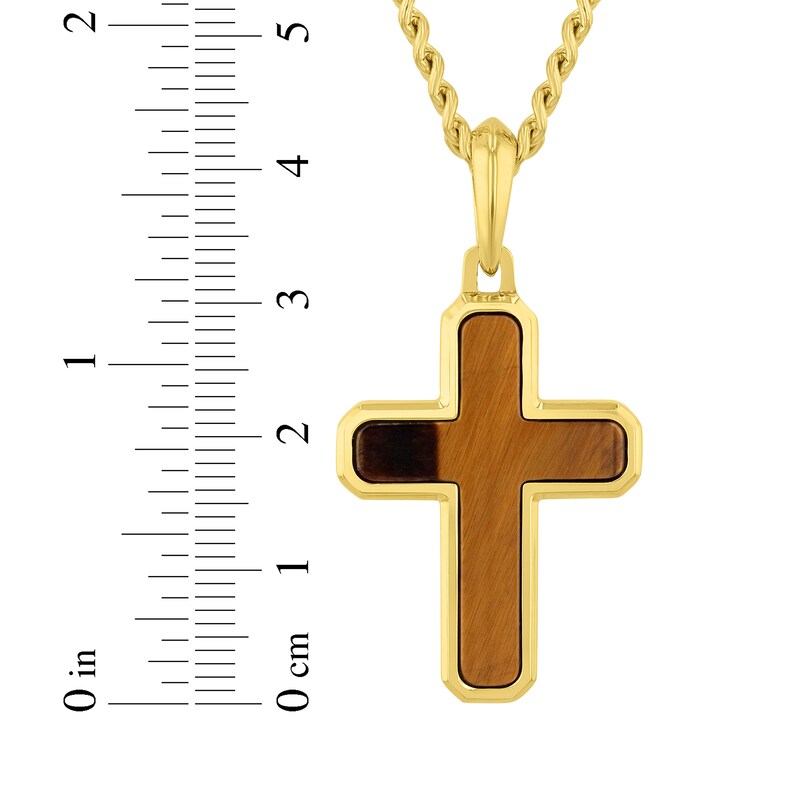 Main Image 5 of Tiger's Eye Quartz Cross Necklace Yellow Ion-Plated Stainless Steel 24"
