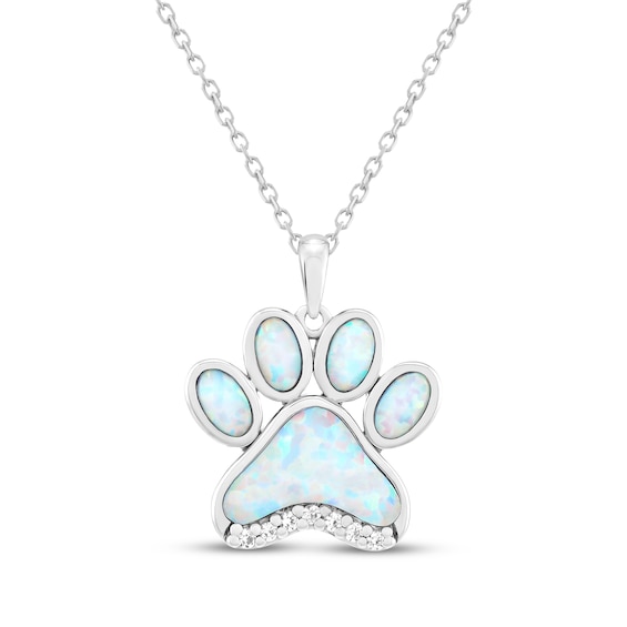 Lab-Created Opal & White Lab-Created Sapphire Paw Print Necklace Sterling Silver 18"