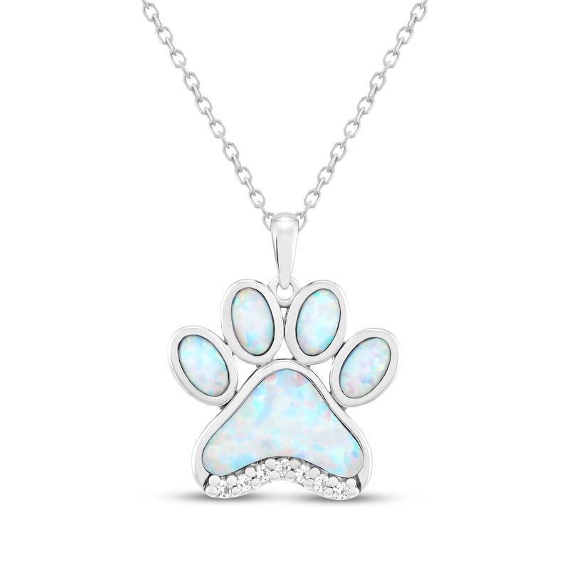Main Image 1 of Lab-Created Opal & White Lab-Created Sapphire Paw Print Necklace Sterling Silver 18"
