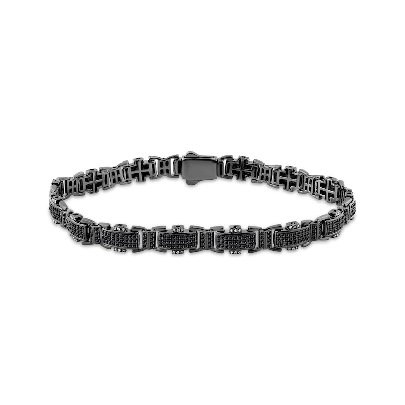 Main Image 1 of Men's Black & White Diamond Railroad Link Bracelet 2 ct tw Black Ion-Plated Sterling Silver 8.5"