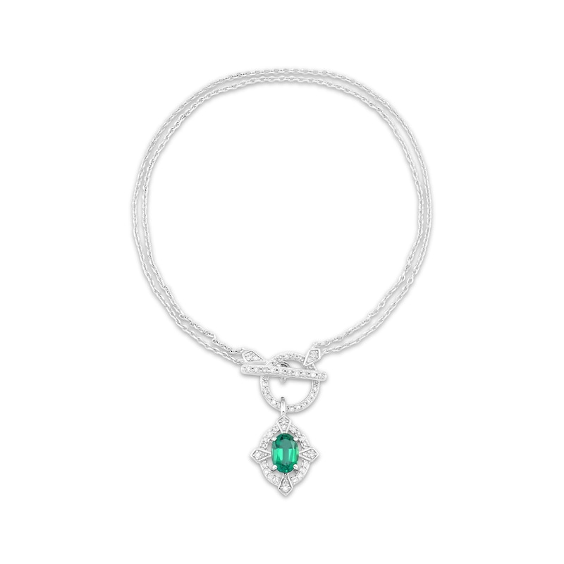 Main Image 1 of Oval-Cut Lab-Created Emerald & White Lab-Created Sapphire Vintage-Inspired Toggle Bracelet Sterling Silver 7.25"