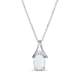 Oval-Cut Lab-Created Opal & White Lab-Created Sapphire Necklace Sterling Silver 18"