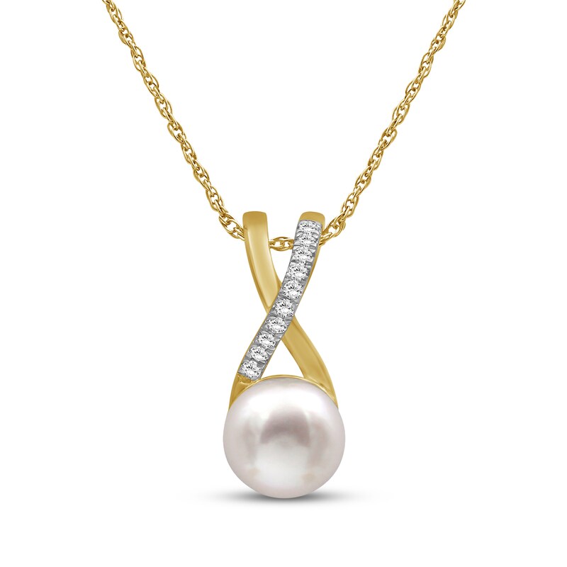 Main Image 1 of Cultured Pearl & White Lab-Created Sapphire Crisscross Necklace 10K Yellow Gold 18"