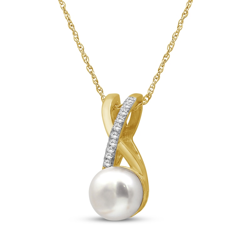 Main Image 2 of Cultured Pearl & White Lab-Created Sapphire Crisscross Necklace 10K Yellow Gold 18"