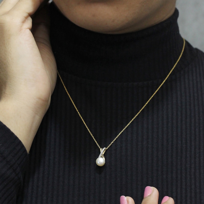 Main Image 4 of Cultured Pearl & White Lab-Created Sapphire Crisscross Necklace 10K Yellow Gold 18"