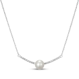 Cultured Pearl & Diamond Curved Bar Necklace 1/8 ct tw 10K White Gold 18"
