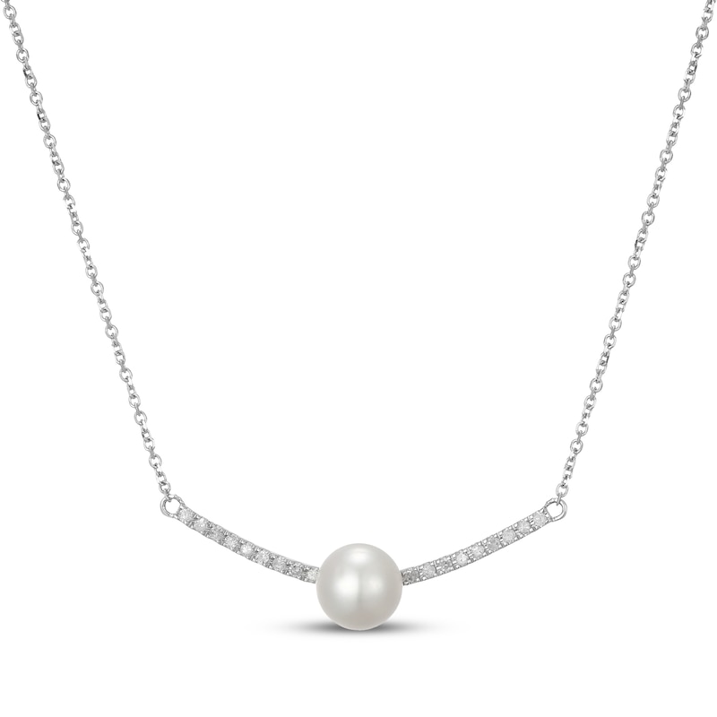 Main Image 1 of Cultured Pearl & Diamond Curved Bar Necklace 1/8 ct tw 10K White Gold 18"