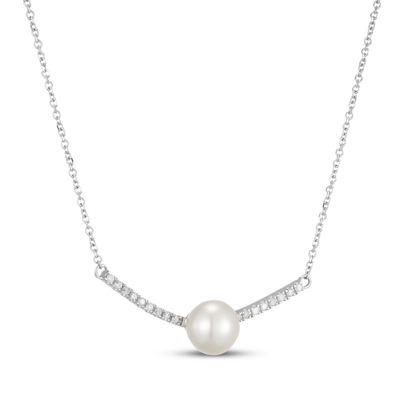 Main Image 2 of Cultured Pearl & Diamond Curved Bar Necklace 1/8 ct tw 10K White Gold 18"