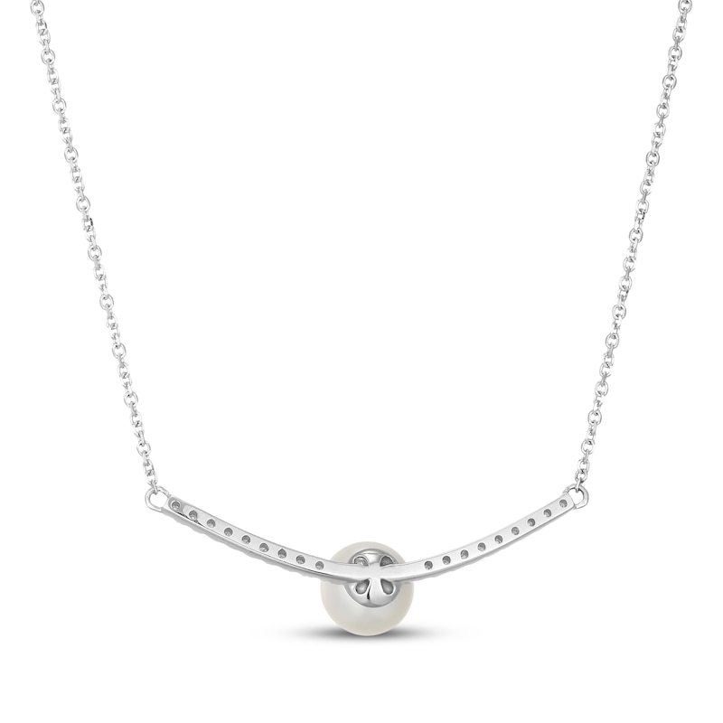 Main Image 3 of Cultured Pearl & Diamond Curved Bar Necklace 1/8 ct tw 10K White Gold 18"