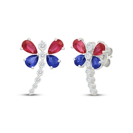 Lab-Created Ruby, Blue & White Lab-Created Sapphire Dragonfly Earrings Sterling Silver