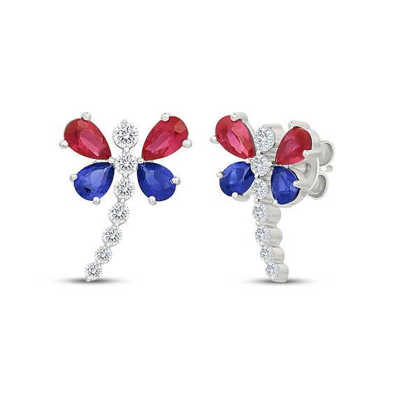 Lab-Created Ruby, Blue & White Lab-Created Sapphire Dragonfly Earrings Sterling Silver