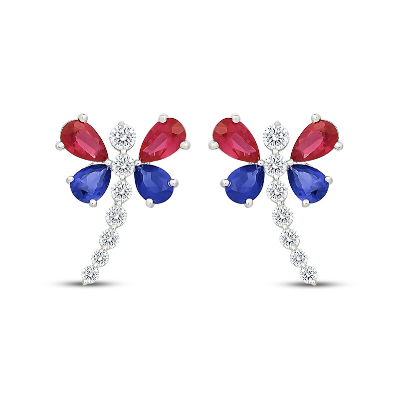 Main Image 2 of Lab-Created Ruby, Blue & White Lab-Created Sapphire Dragonfly Earrings Sterling Silver