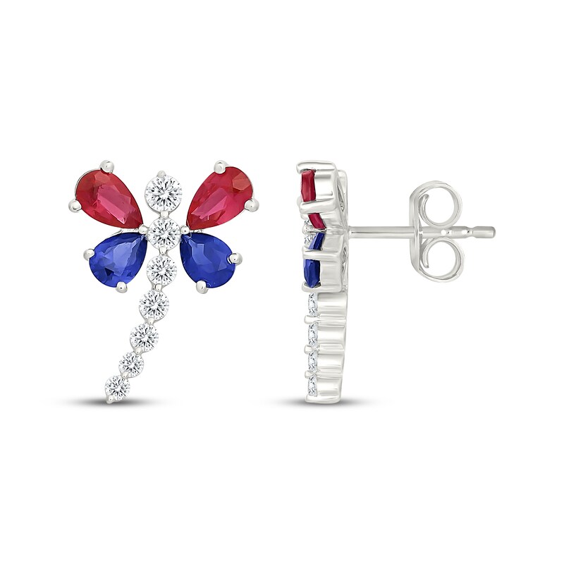 Main Image 3 of Lab-Created Ruby, Blue & White Lab-Created Sapphire Dragonfly Earrings Sterling Silver