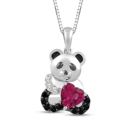Heart-Shaped Lab-Created Ruby, Black Onyx & White Lab-Created Sapphire Panda Necklace Sterling Silver 18"
