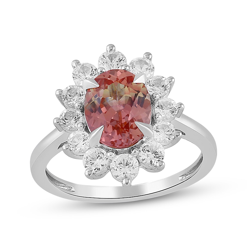 Main Image 1 of Oval-Cut Rainbow Lab-Created Sapphire & White Lab-Created Sapphire Starburst Halo Ring Sterling Silver
