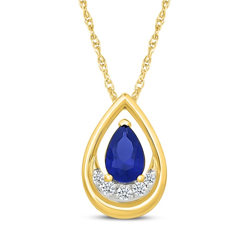 Main Image 1 of Pear-Shaped Blue & White Lab-Created Sapphire Teardrop Necklace 10K Yellow Gold 18"
