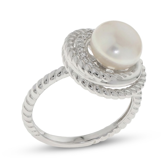 Cultured Pearl & White Topaz Swirl Top Ring Sterling Silver