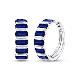 Baguette-Cut Blue Lab-Created Sapphire Hoop Earrings Sterling Silver