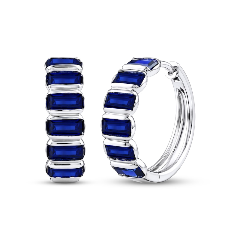 Main Image 1 of Baguette-Cut Blue Lab-Created Sapphire Hoop Earrings Sterling Silver