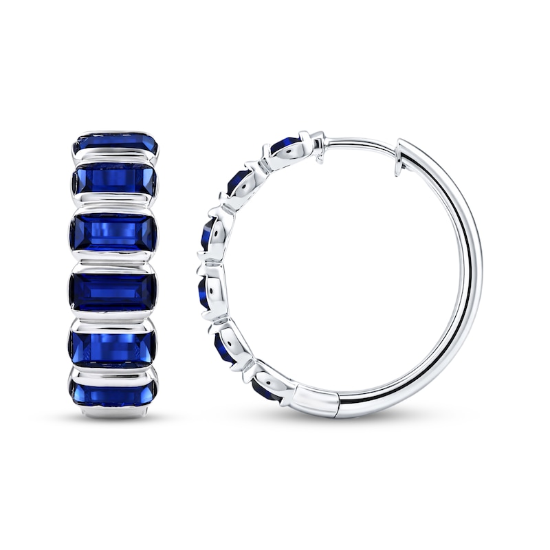 Main Image 3 of Baguette-Cut Blue Lab-Created Sapphire Hoop Earrings Sterling Silver