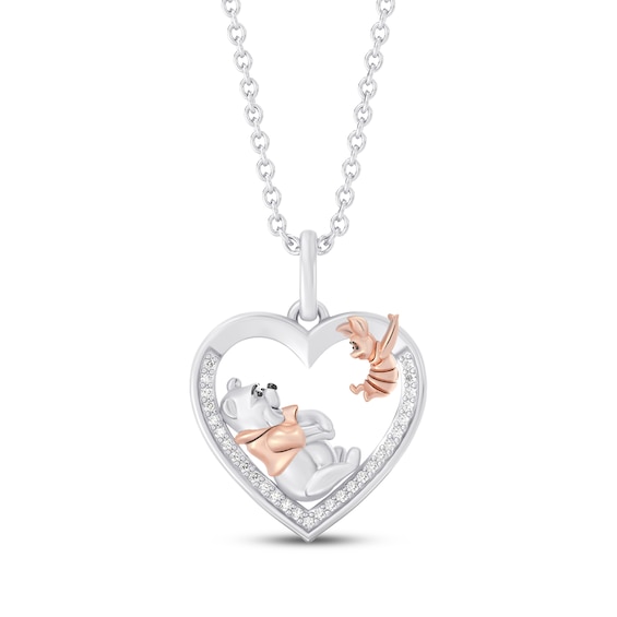Disney Treasures Winnie the Pooh & Piglet Diamond Heart Necklace 1/15 ct tw Sterling Silver & 10K Rose Gold 19"