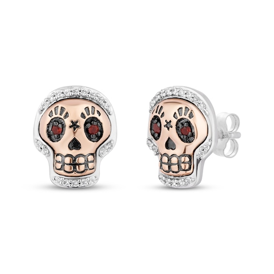 Disney Treasures Coco Garnet & Diamond Sugar Skull Earrings 1/10 ct tw Sterling Silver 10K Rose Gold