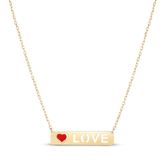 "Love" Cutout Enamel Heart Bar Necklace 10K Yellow Gold 18”