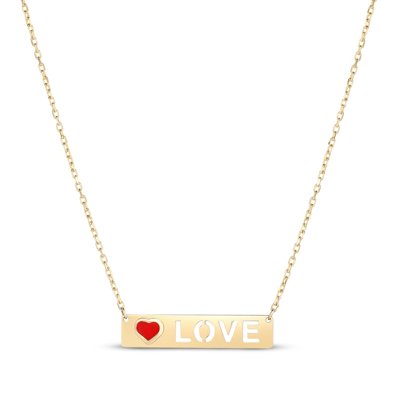 Main Image 1 of "Love" Cutout Enamel Heart Bar Necklace 10K Yellow Gold 18”