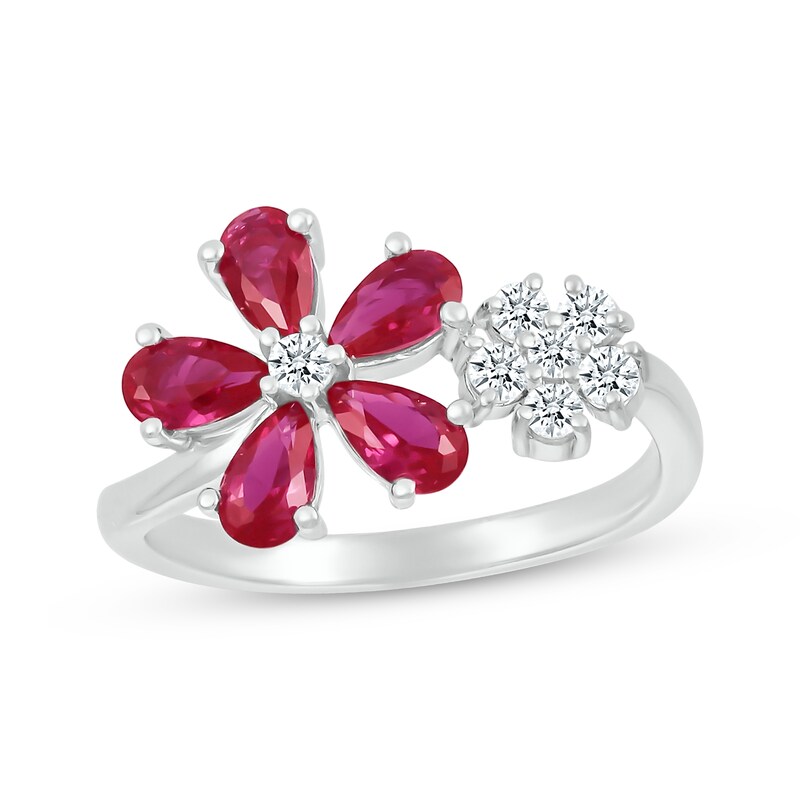 Pear-Shaped Lab-Created Ruby & White Lab-Created Sapphire Flowers Ring ...