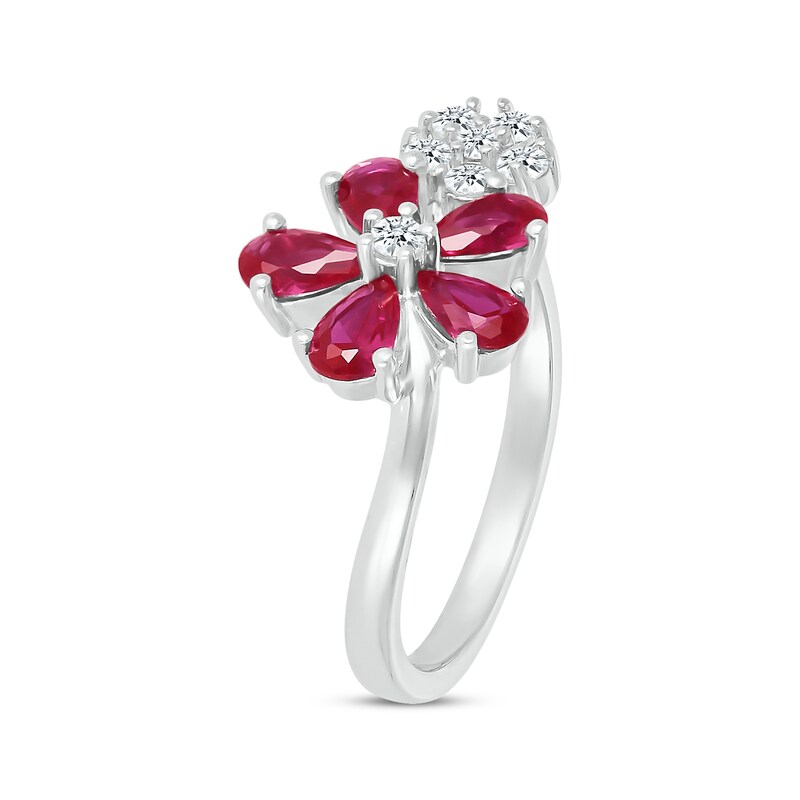 Pear-Shaped Lab-Created Ruby & White Lab-Created Sapphire Flowers Ring Sterling Silver