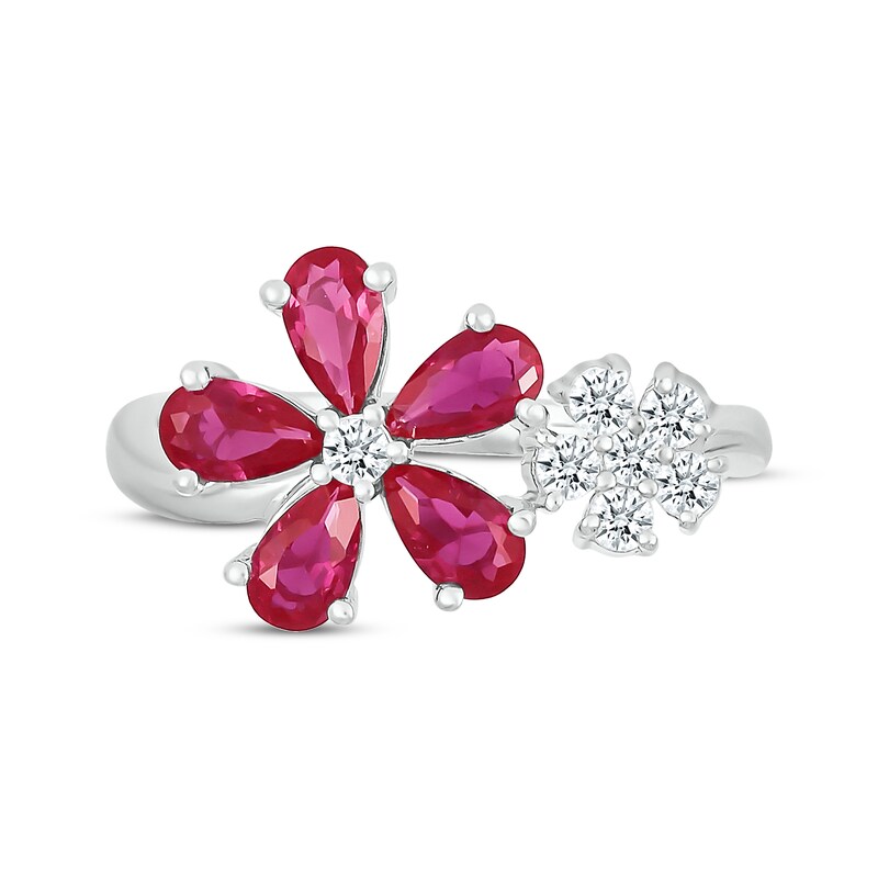 Pear-Shaped Lab-Created Ruby & White Lab-Created Sapphire Flowers Ring Sterling Silver
