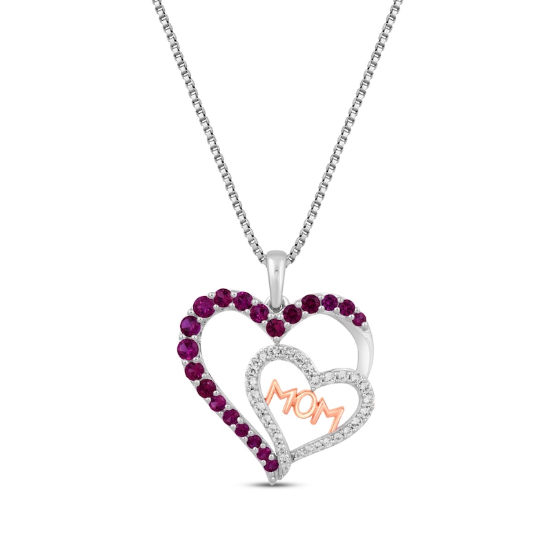 Lab-Created Ruby & White Lab-Created Sapphire "Mom" Double Heart Necklace Sterling Silver & 10K Rose Gold 18"