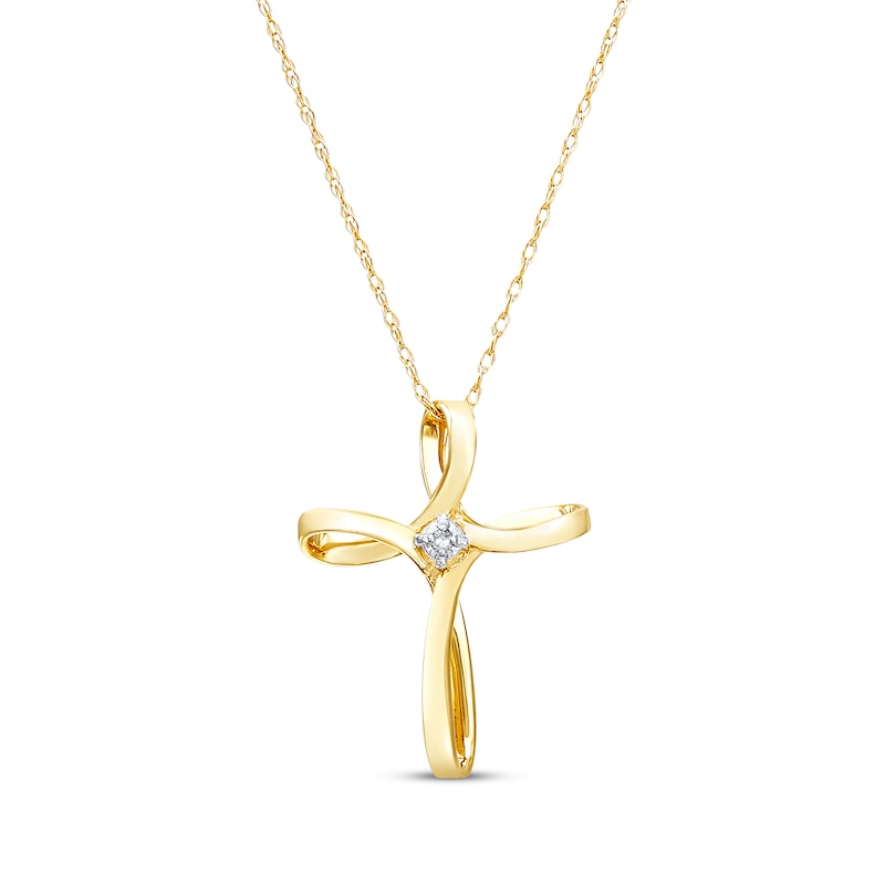 Main Image 1 of Diamond Accent Ribbon Cross Necklace 14K Yellow Gold 18"
