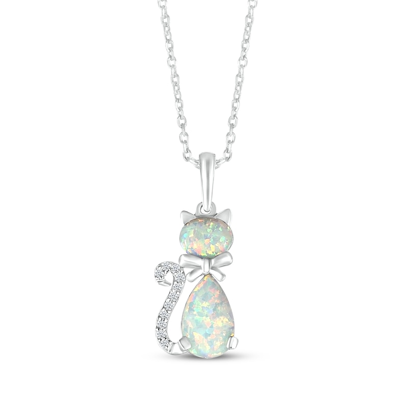 Oval-Cut & Pear-Shaped Lab-Created Opal & White Lab-Created Sapphire Cat Necklace Sterling Silver 18"