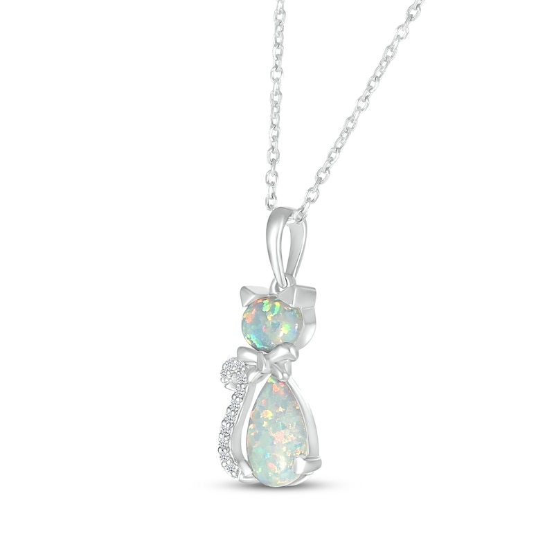 Main Image 2 of Oval-Cut & Pear-Shaped Lab-Created Opal & White Lab-Created Sapphire Cat Necklace Sterling Silver 18"