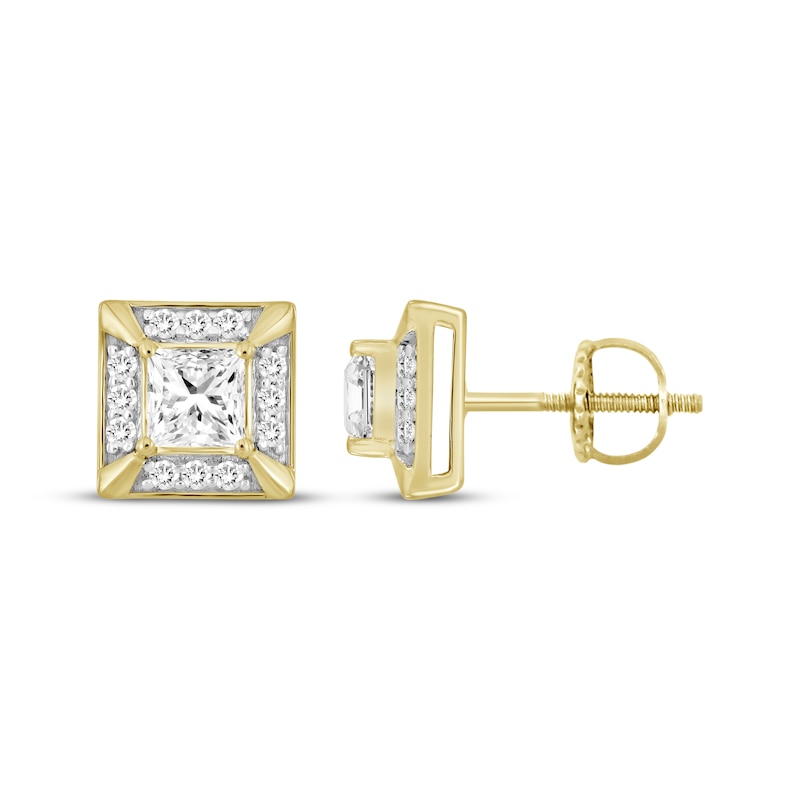 Main Image 3 of Men's KAY Lab-Grown Diamonds Square-Cut Stud Earrings 1-1/4 ct tw 10K Yellow Gold