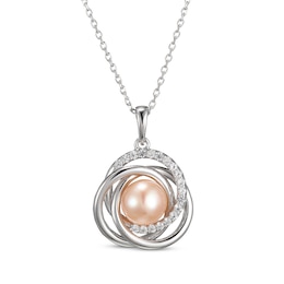 Pink Cultured Pearl & White Lab-Created Sapphire Circles Necklace Sterling Silver 18"