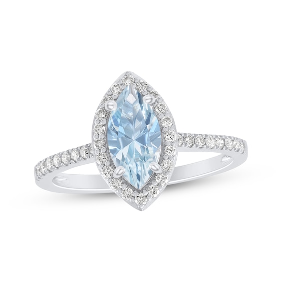Marquise-Cut Aquamarine & Diamond Halo Ring 1/4 ct tw 14K White Gold