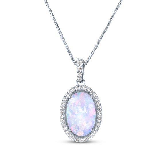 Oval-Cut Lab-Created Opal & White Lab-Created Sapphire Necklace Sterling Silver 18"