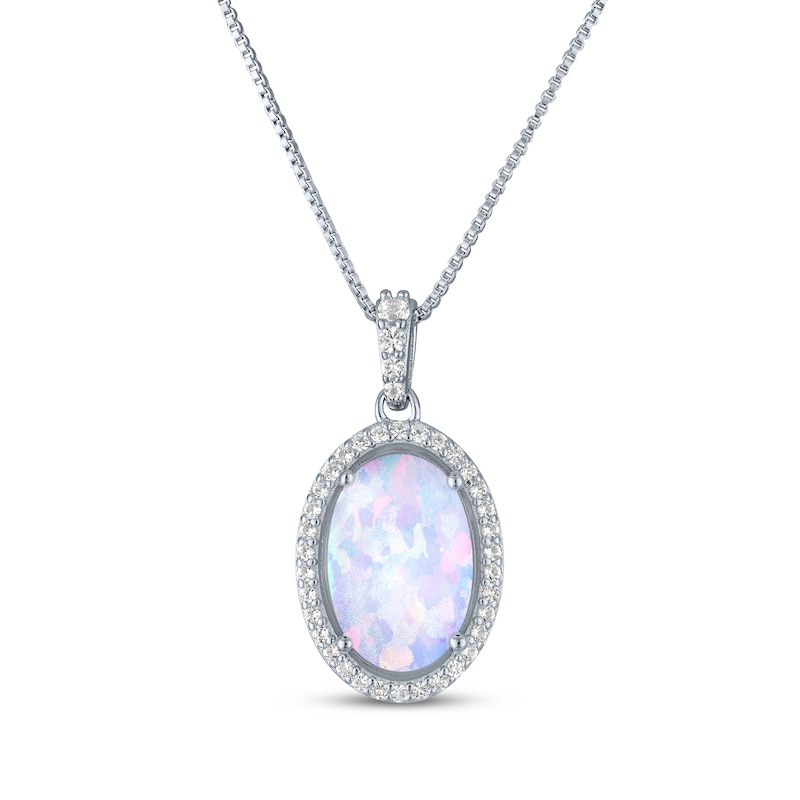 Main Image 1 of Oval-Cut Lab-Created Opal & White Lab-Created Sapphire Necklace Sterling Silver 18"