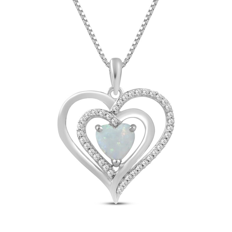 Main Image 1 of Heart-Shaped Opal & White Lab-Created Sapphire Double Heart Necklace Sterling Silver 18"