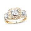 Thumbnail Image 1 of Adore Princess-Cut Diamond Three-Stone Cushion Halo Ring 1 ct tw 10K Yellow Gold