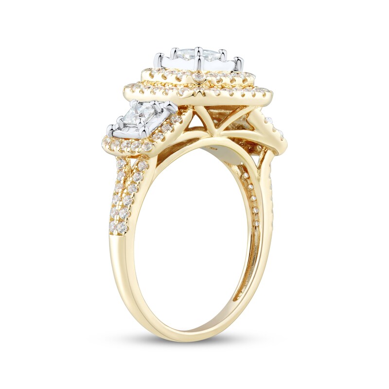 Main Image 2 of Adore Princess-Cut Diamond Three-Stone Cushion Halo Ring 1 ct tw 10K Yellow Gold