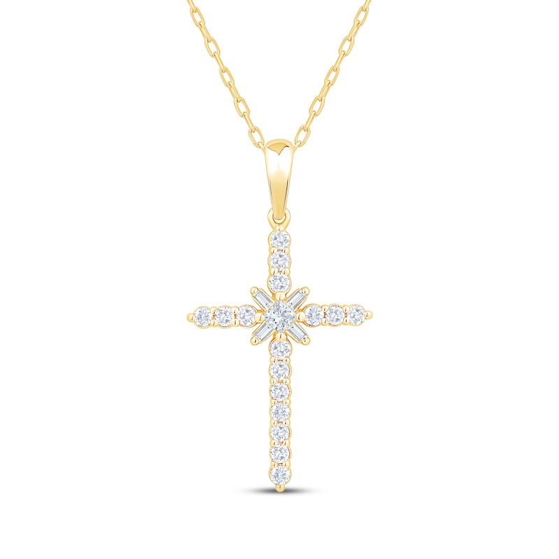 Main Image 1 of Princess, Baguette & Round-Cut Diamond Sunburst Cross Necklace 1/3 ct tw 10K Yellow Gold 18"